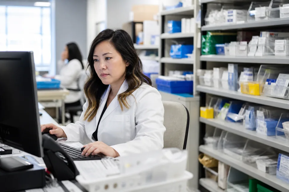 Hospital pharmacist checking a drug reference at a pharmacy workstation