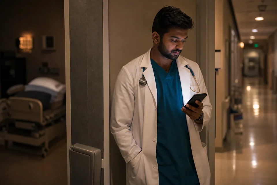 Internal medicine resident reading a medical reference app on a phone in a hospital corridor